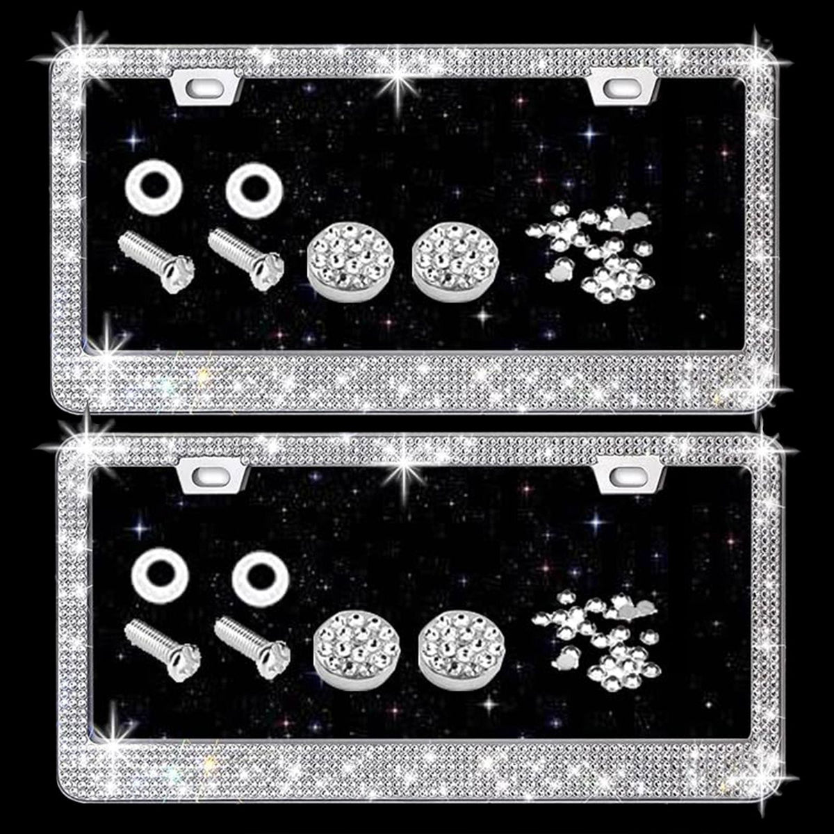 Bling License Plate Frame for Women, 4Pack Rhinestone Handcrafted Crystal Premium Stainless Steel, Stainless Steel Car Accessories with Diamond Sparkle Glitter Caps (White+black)