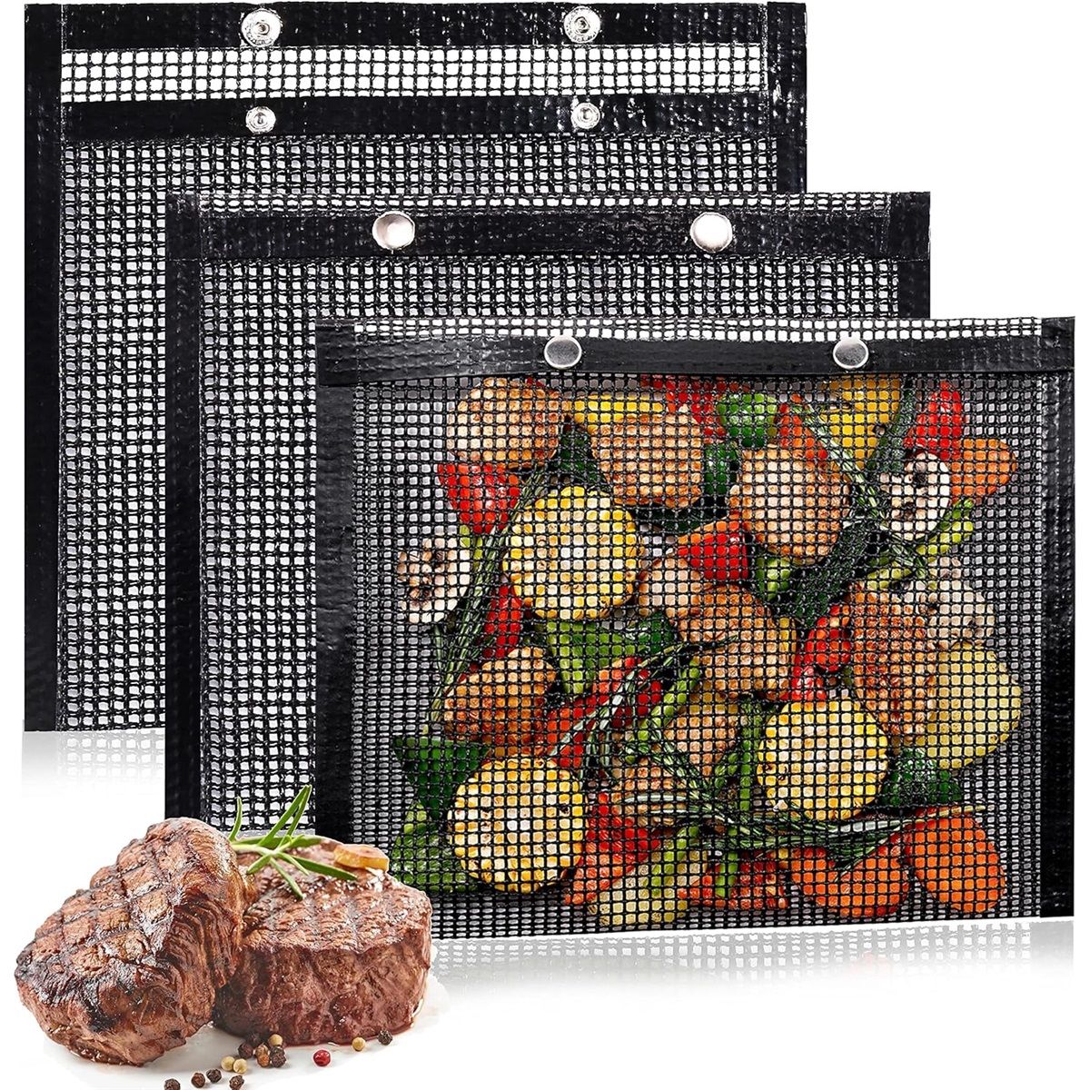 BBQ Mesh Grill Bags for Outdoor Grill Reusable, 3 PCS Non-Stick Barbecue Bags for Charcoal Gas Electric Grills Smokers BBQ Veggie Grill Bags for Cooking Vegetables Grilling Bag Pouches Heat-Resistant
