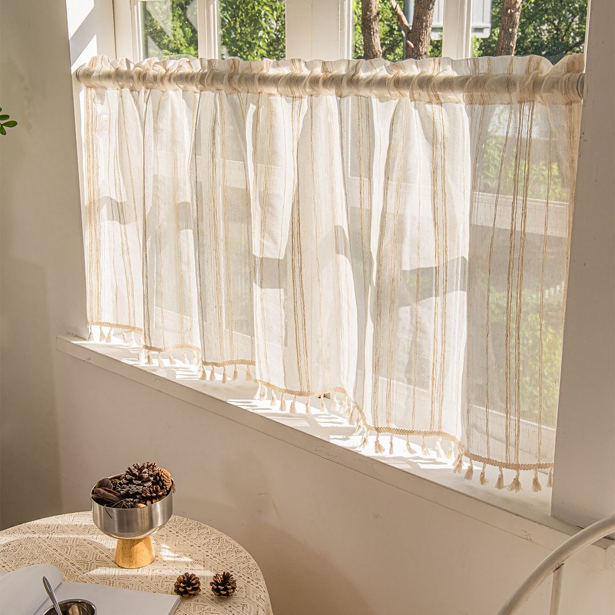 Deeprove Boho Textured Valance Tier, Neutral Bohemian Farmhouse Chic Kitchen Closet Textured Burlap with Tassels, Window Treatment Small Linen Stripe Curtain Wall Decor, 1 Panel 57" W x 24" L