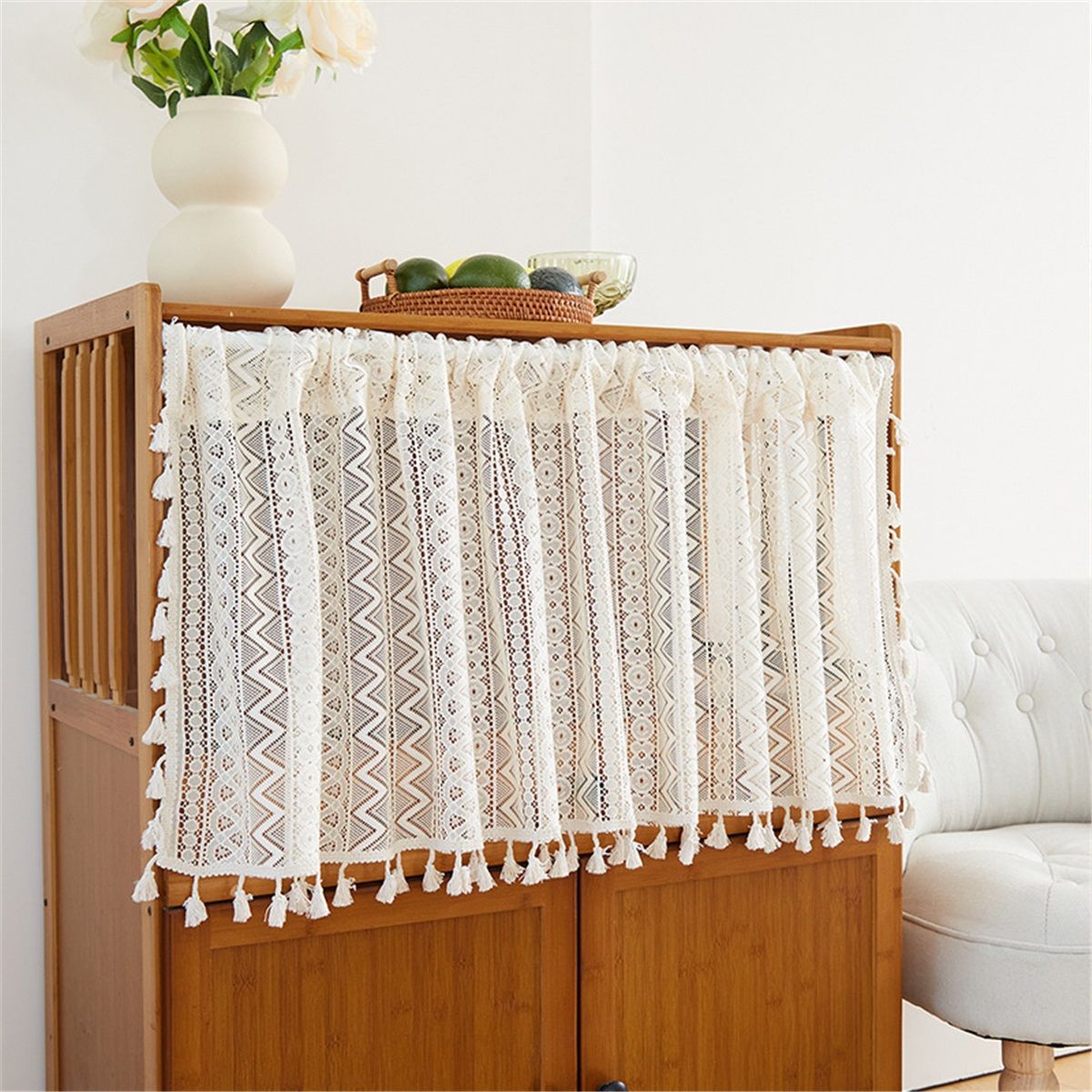 Boho Curtain Crochet Lace with Bohemian Hollow Knitted Handmade Tassels, Short Farmhouse Window Treatment for Kitchen Cafe, Rod Pocket, 1 Panel 59" W x 24" L, Beige