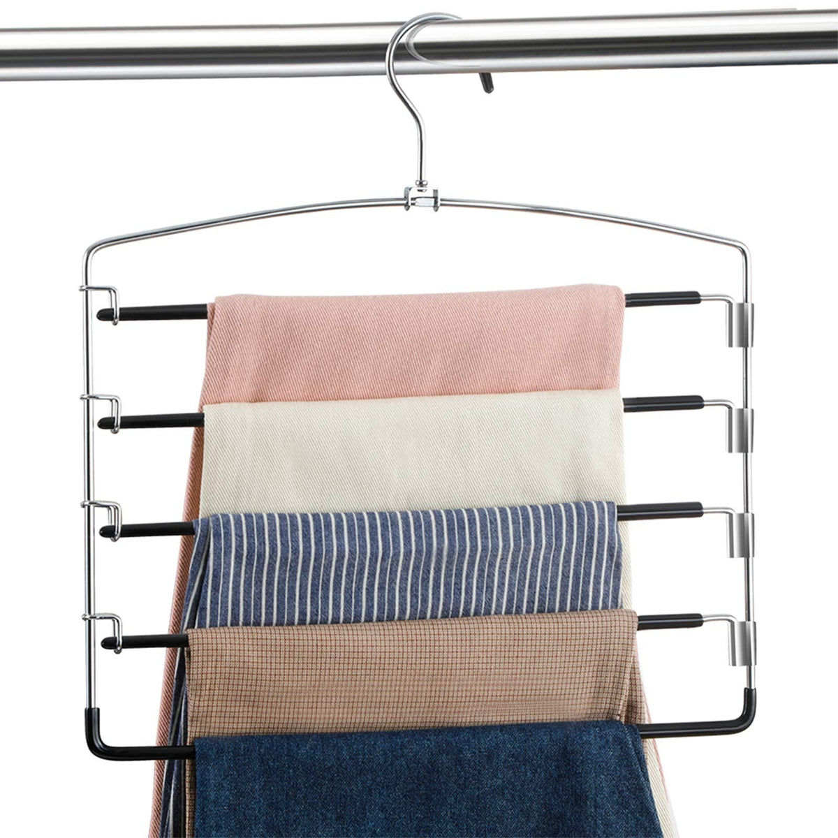 Pants Hangers Non Slip 3 Pack Space Saving Hangers Multi-Layer Swing Arm Pants Hanger Stainless Steel Space Saver Hanger Closet Storage Organizer for Jeans Trouser Slacks Clothes (Black)