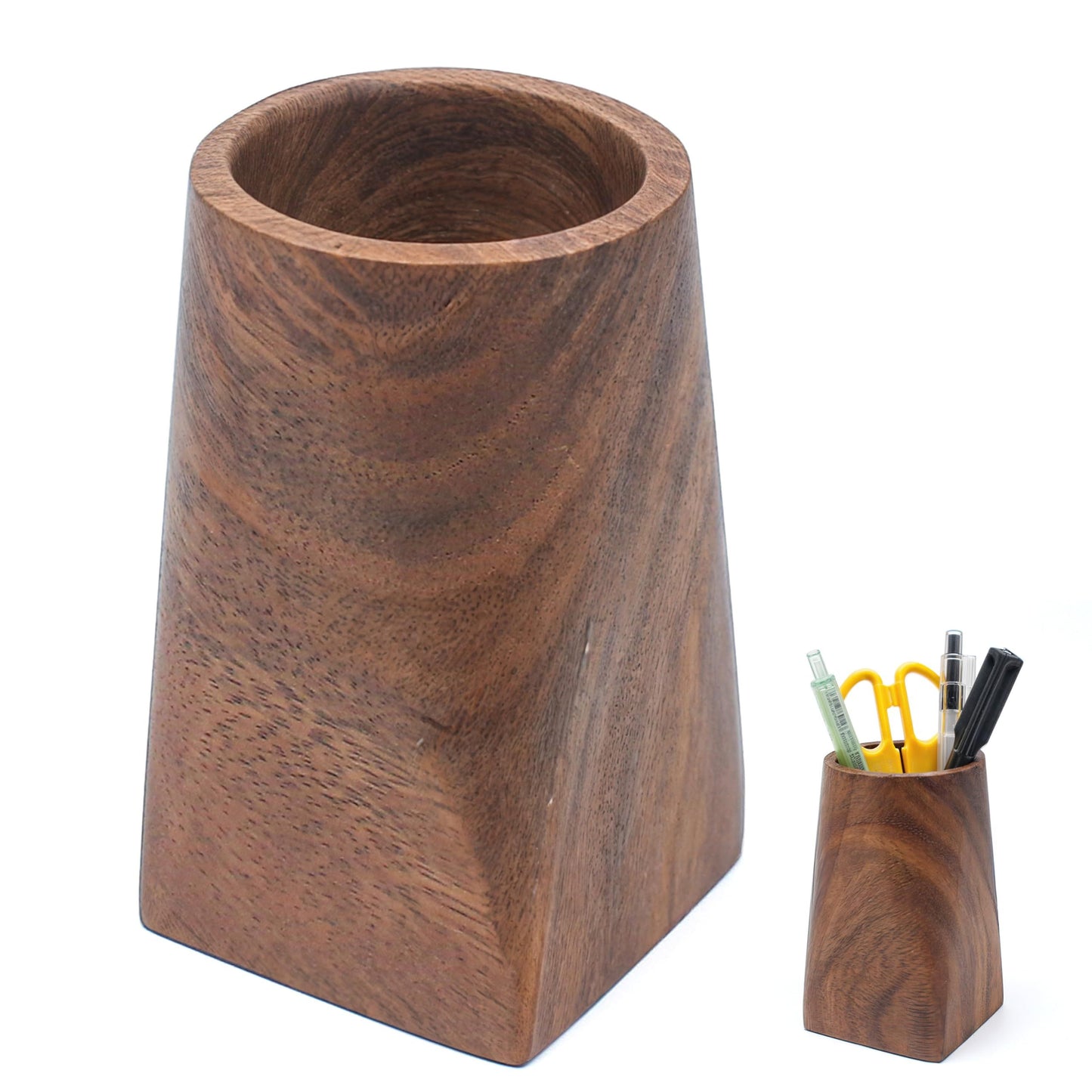 Walnut Wooden Pencil Box, Multiple-Use Desk Writing Stationary Organizer Wood Pen Holder Cups Office School Supplies Storage (Circular pen holder)