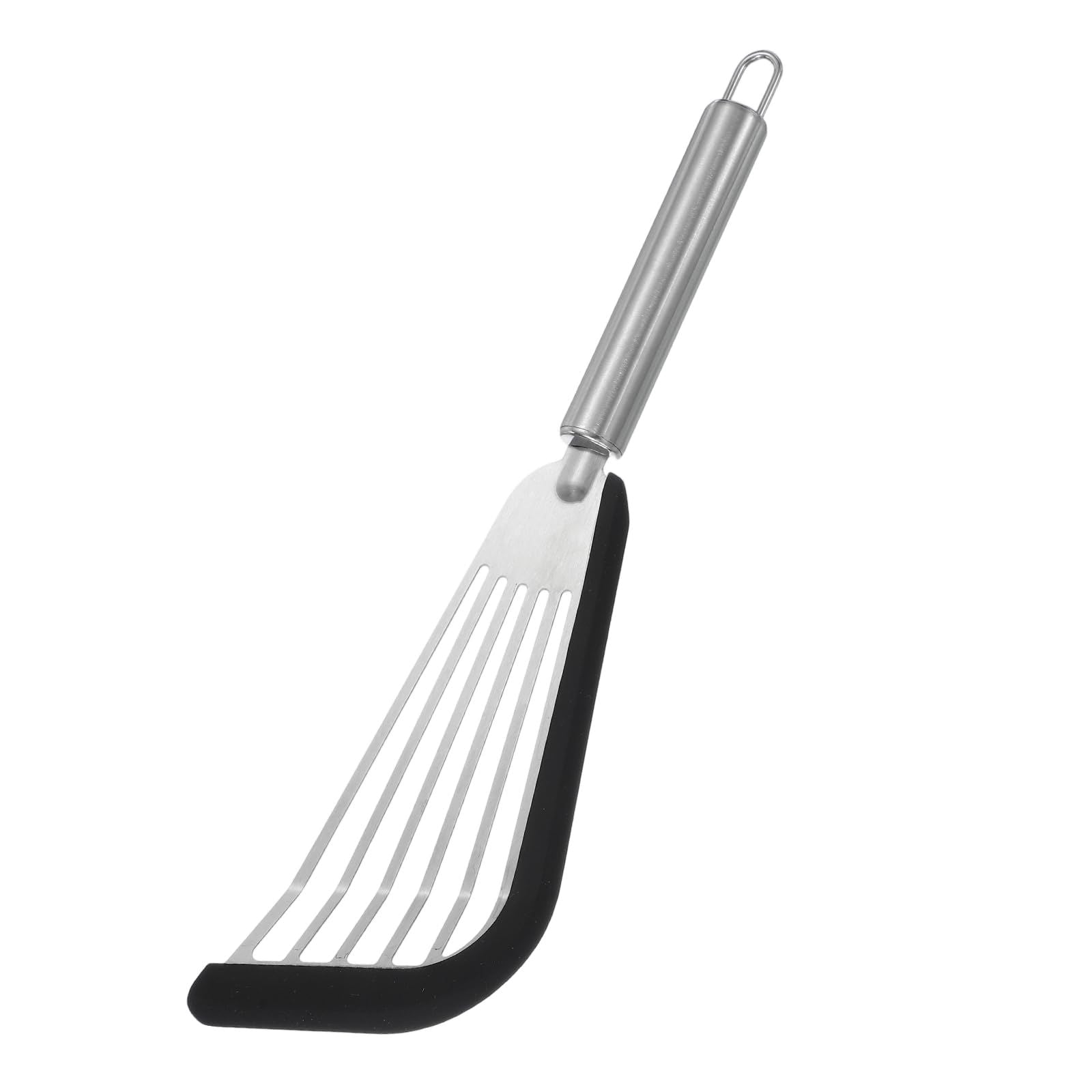Stainless Steel Fish Turner with Silicone Tip – Nonstick, Heat-Resistant, Flexible Spatula for Delicate Foods – Ergonomic Handle, Dishwasher（ black edging）