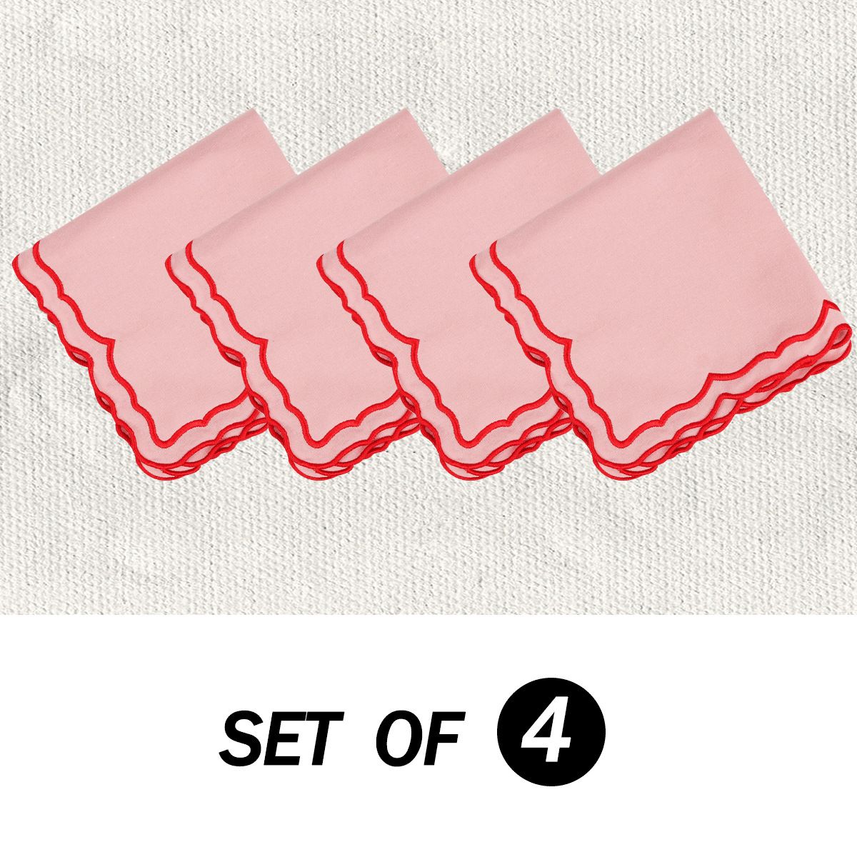 Scalloped Embroidery Cloth Napkins Set of 4  Cotton Napkins for Potluck Party Wedding Table Decor (Square Pink )