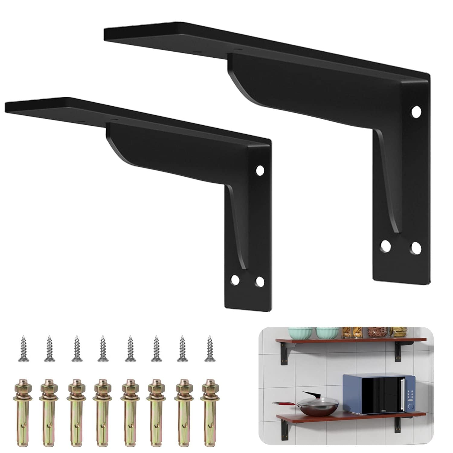 Shelf Brackets Heavy Duty, 8 inches Industrial Steel L Countertop Support  Load Capacity Black Metal Brackets for Shelves DIY Triangle(2Pcs)