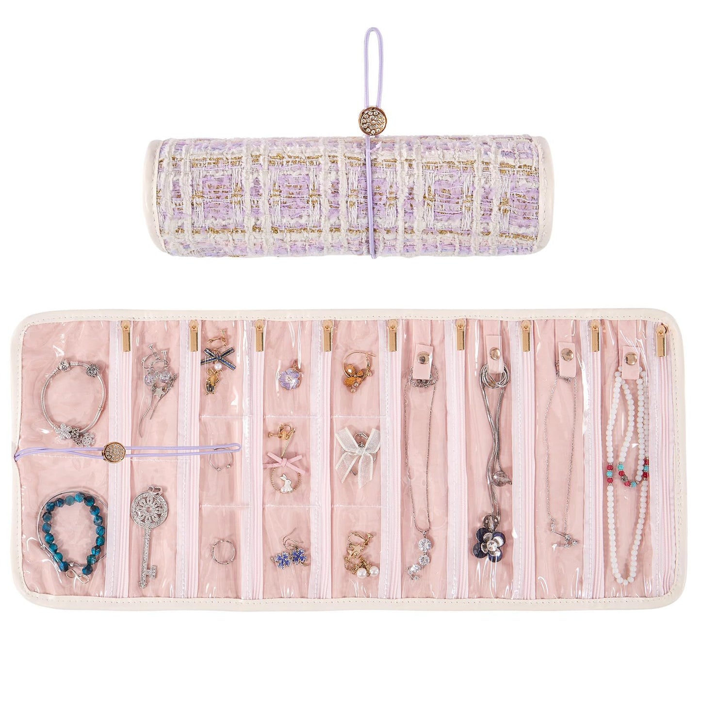 Travel Jewelry Organizer Roll with Zippered Pockets | Tangle-Free Portable Jewelry Storage Bag for Women | Holder for Necklaces, Earrings, Rings, Bracelets(purple)