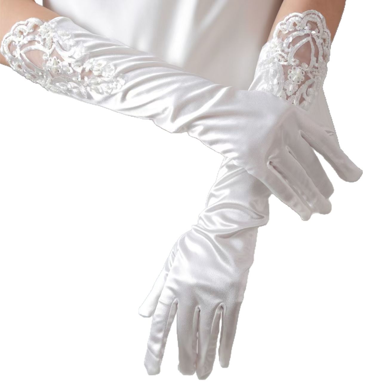 Elegant Satin Lace Gloves Long Bridal Gloves for Bride Flower Girls Women Wedding Prom Party（Hand embroidered bead white）