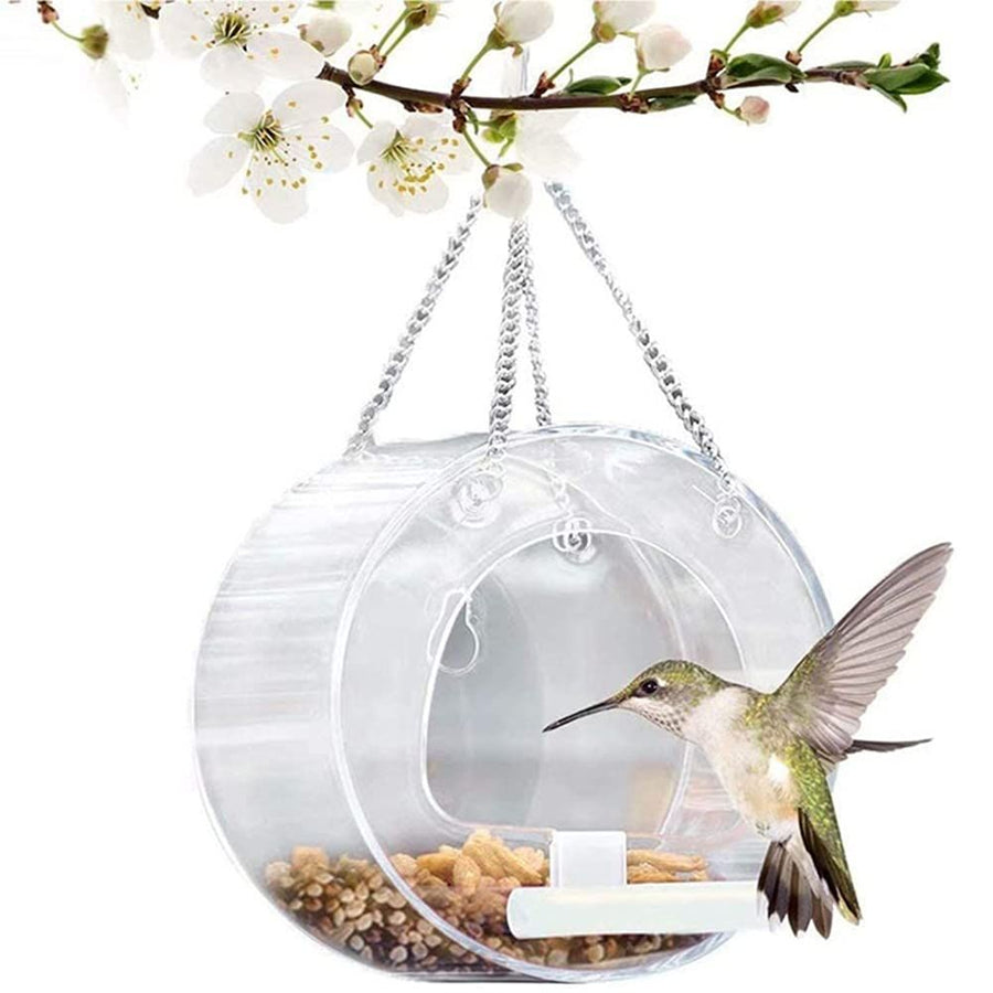 Round Acrylic Hanging Bird Feeder Bowl Transparent Food Cage for Small Birds Indoor Outdoor Feeding Rack for Canaries Parrots Finches