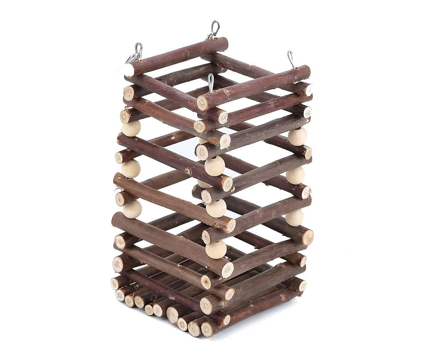 Hanging Apple Wood Rabbit Hay Feeder - Guinea Pig Grass Holder with 2 Hooks Biting Resistant Small Animals Chew Toy, Feeding Hay Manager Shelf （Add white bead style）