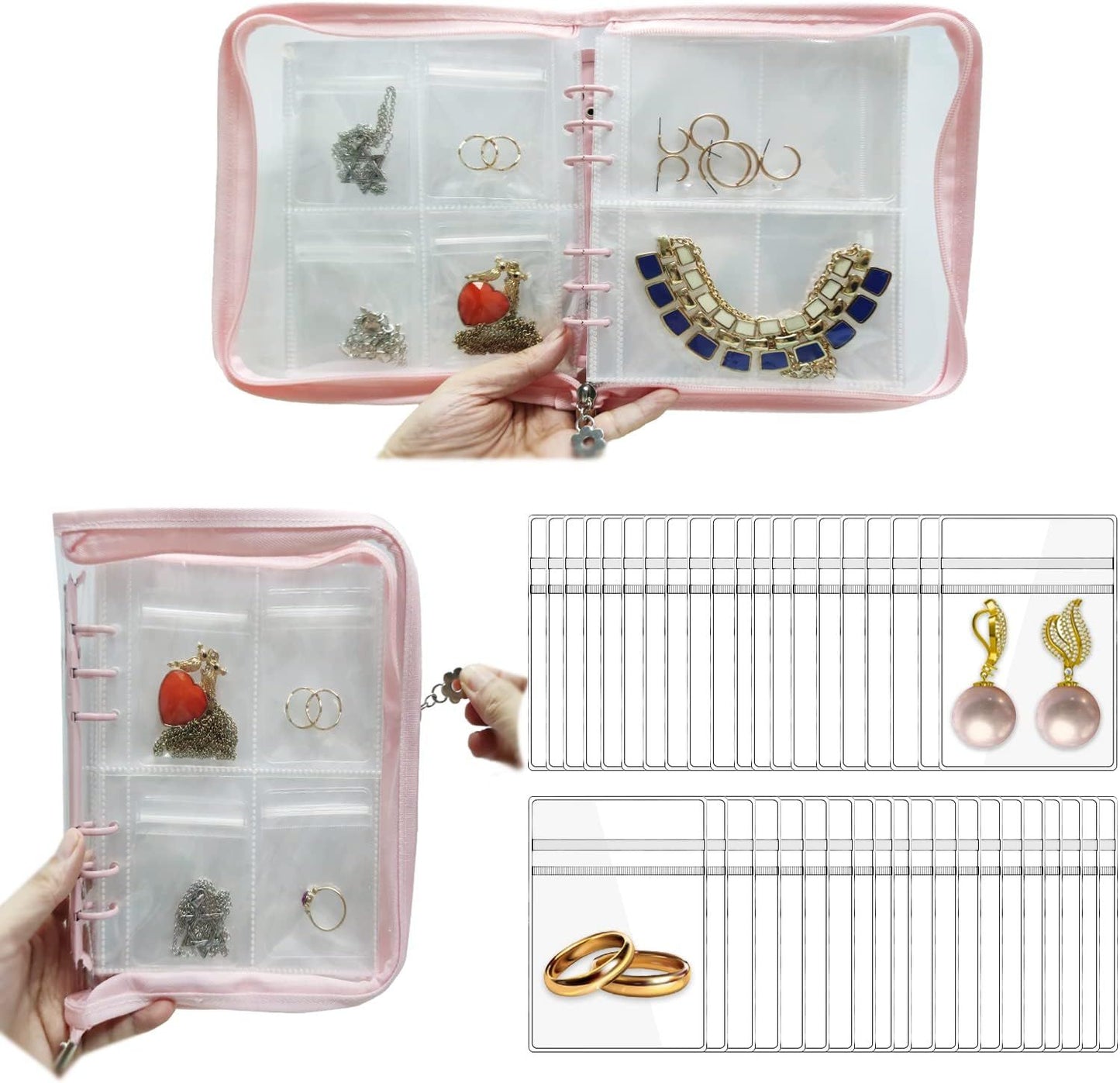 Bracelet Holder Travel Jewelry Organizer Case Transparent Jewelry Storage Book for Earring Necklace Ring with Small Clear Zippered Pouch（Pink 3-inch 4-grid+80 jewelry bags）