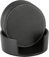 Drinks Coasters with Holder, Pu Leather Coaster Sets of 6 for Tabletop Protection Cup Mat for Drinks 4 Inches (Black)
