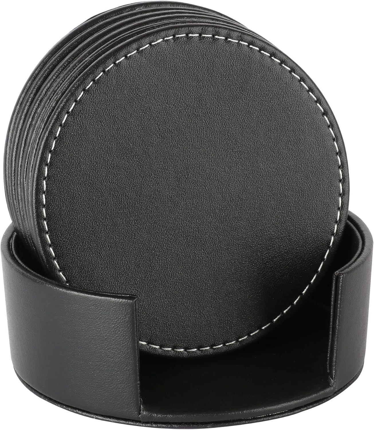 Drinks Coasters with Holder, Pu Leather Coaster Sets of 6 for Tabletop Protection Cup Mat for Drinks 4 Inches (Black)