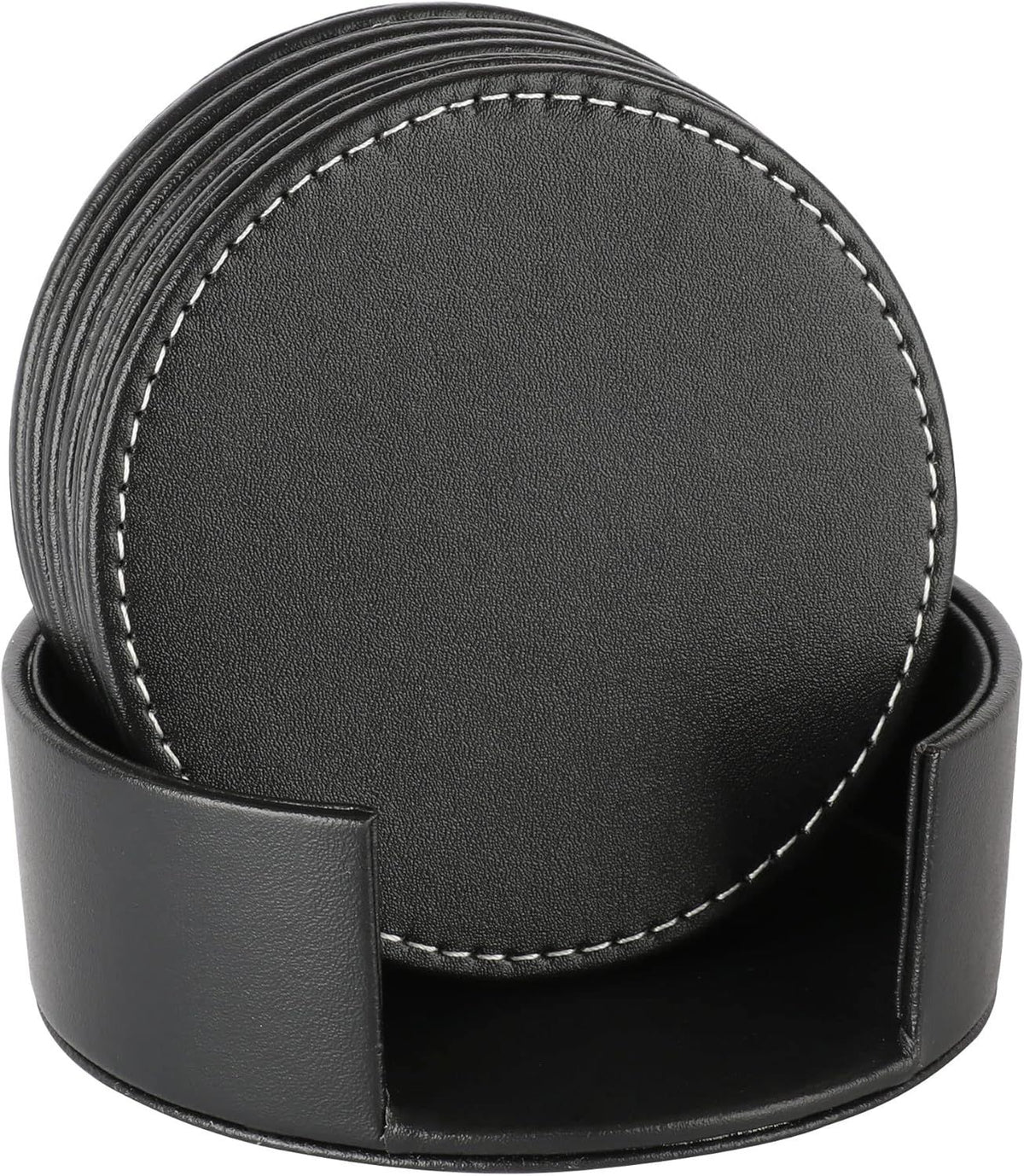 Drinks Coasters with Holder, Pu Leather Coaster Sets of 6 for Tabletop Protection Cup Mat for Drinks 4 Inches (Black)
