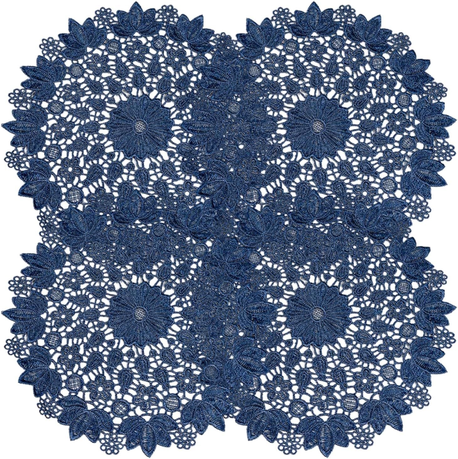 Blue embroidered heat-insulating coaster with anti slip hollow embroidery lace placemat, bowl and dish mat, ethnic style ornament（25cm）