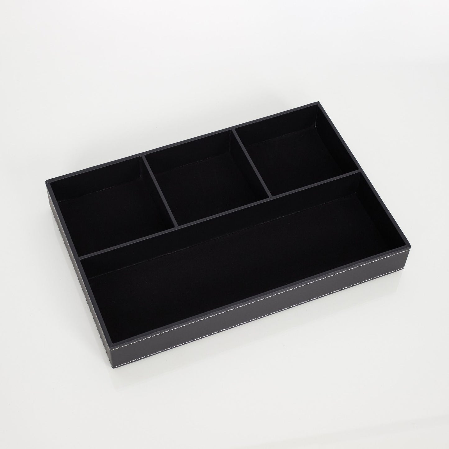 Jewelry Storage Case Black Leather Tray Organizer with 4 Compartments Desktop and Dresser Valet Tray for Jewelry Accessories(Black)