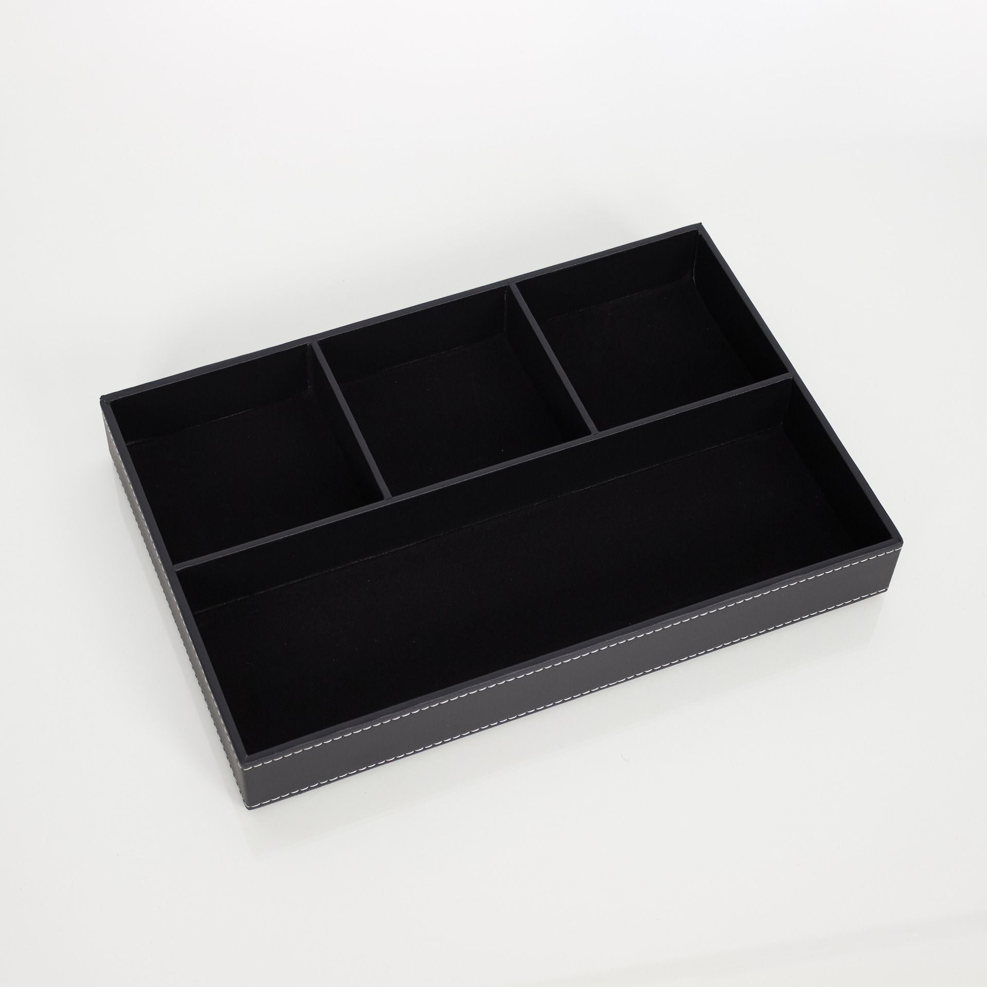 Jewelry Storage Case Black Leather Tray Organizer with 4 Compartments Desktop and Dresser Valet Tray for Jewelry Accessories(Black)