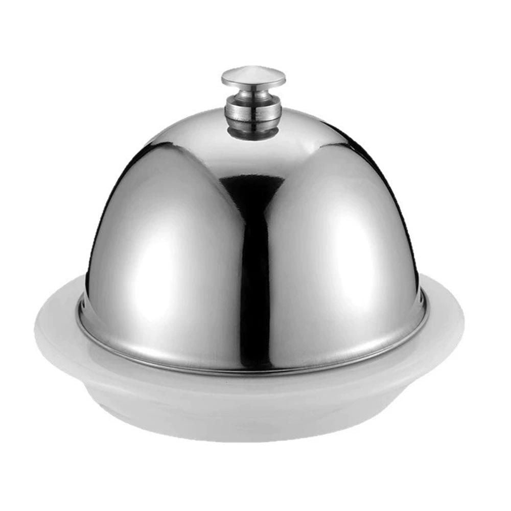 Ceramic Butter Dish with Stainless Dome Cover, Cheese Dish with Lid, Small Cheese Plate Serving Tray with Silver Handled Lid for Countertop, Dessert, Cupcake