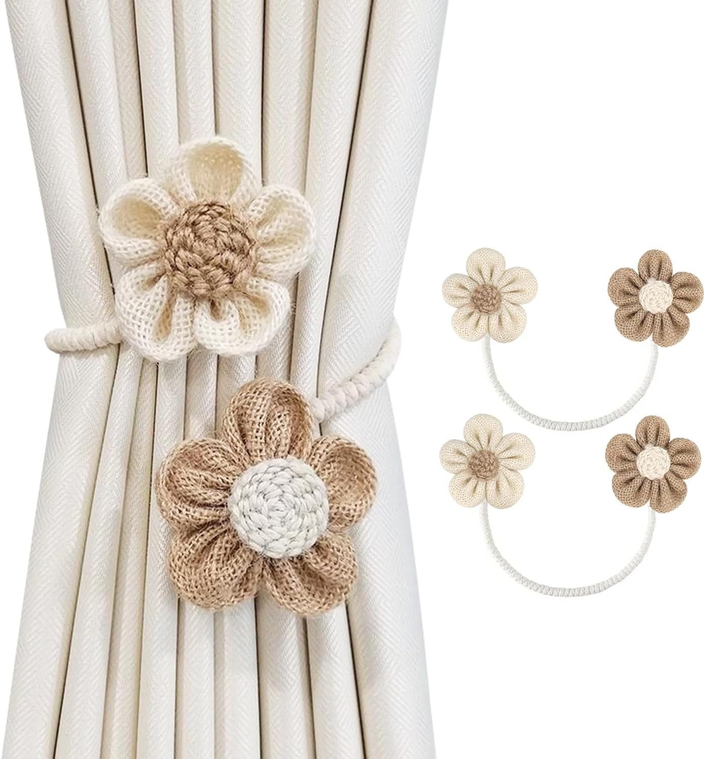 2pcs Curtain Tie Backs for Curtain Drapes, Boho Decor Holdback Farmhouse TieBacks for Blackout/Sheer Curtains, Natural Decor Shabby Chic Drapery Holder, | Cream&Khaki