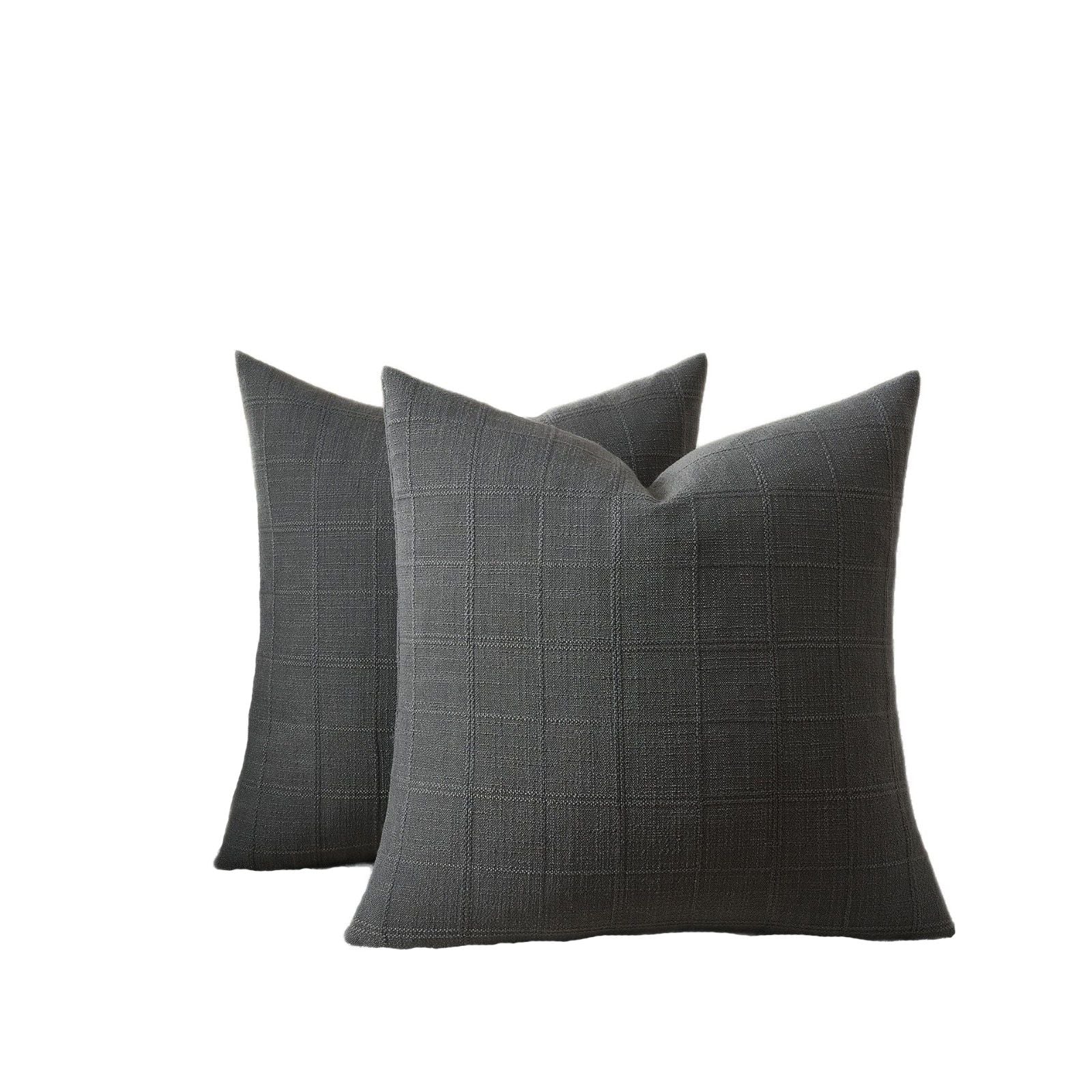 Set of 2 Decorative Linen Check Throw Pillow Covers Neutral Farmhouse Vintage Cushion Covers Modern Boho Home Decor  dark gray 45*45cm