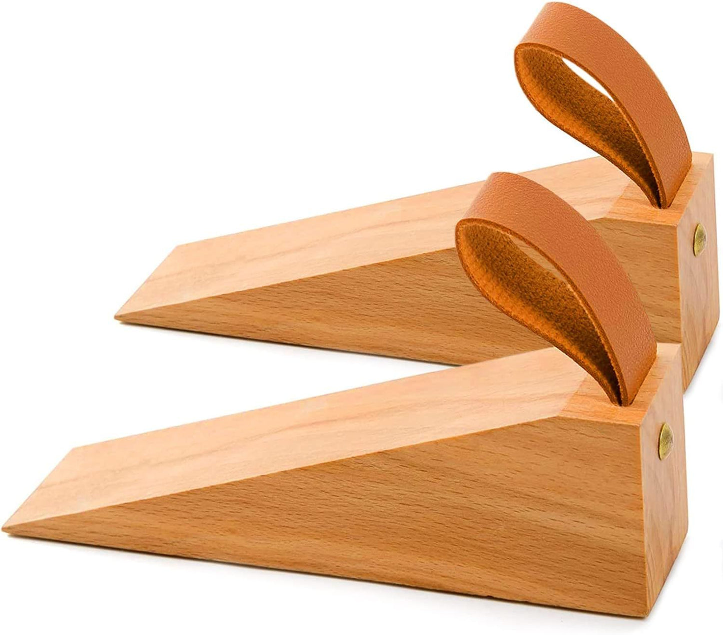2Pack Wooden Door Stopper Non-Slip Security Wood Door Wedge with Leather Strap for Hanging Door Stopper, in House Bedroom Office Living Room Hotel Cabin（Beech wood small size）