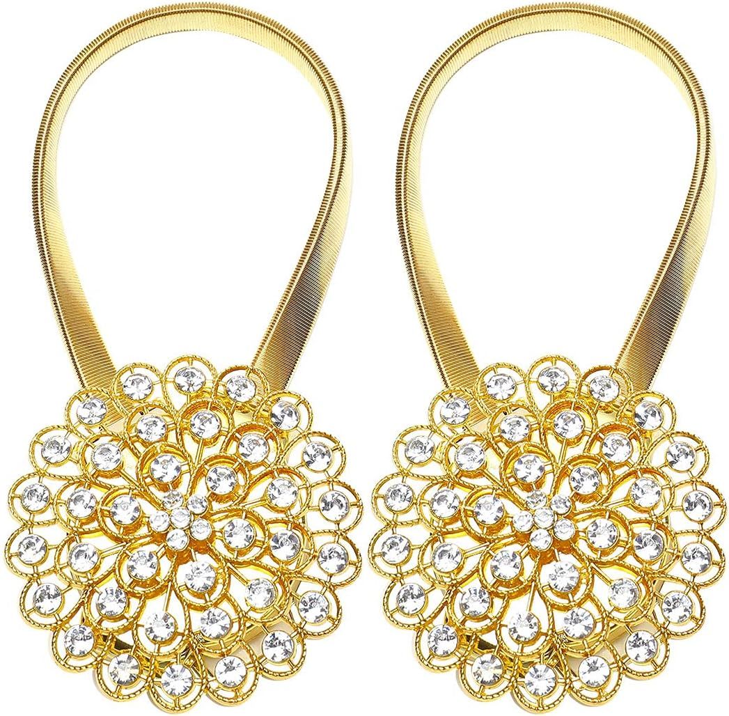Magnetic Curtain Tiebacks ，tie Backs for Curtains 2 Pack Crystal Flower Curtain Clips for Home Office Decoration Holdbacks (Gold )