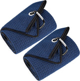 Tri-Fold Golf Towels, 2 Pack Waffle Pattern Towels Soft Fiber Strong Water Absorption with D Clip for Golf Lovers, Navy Blue