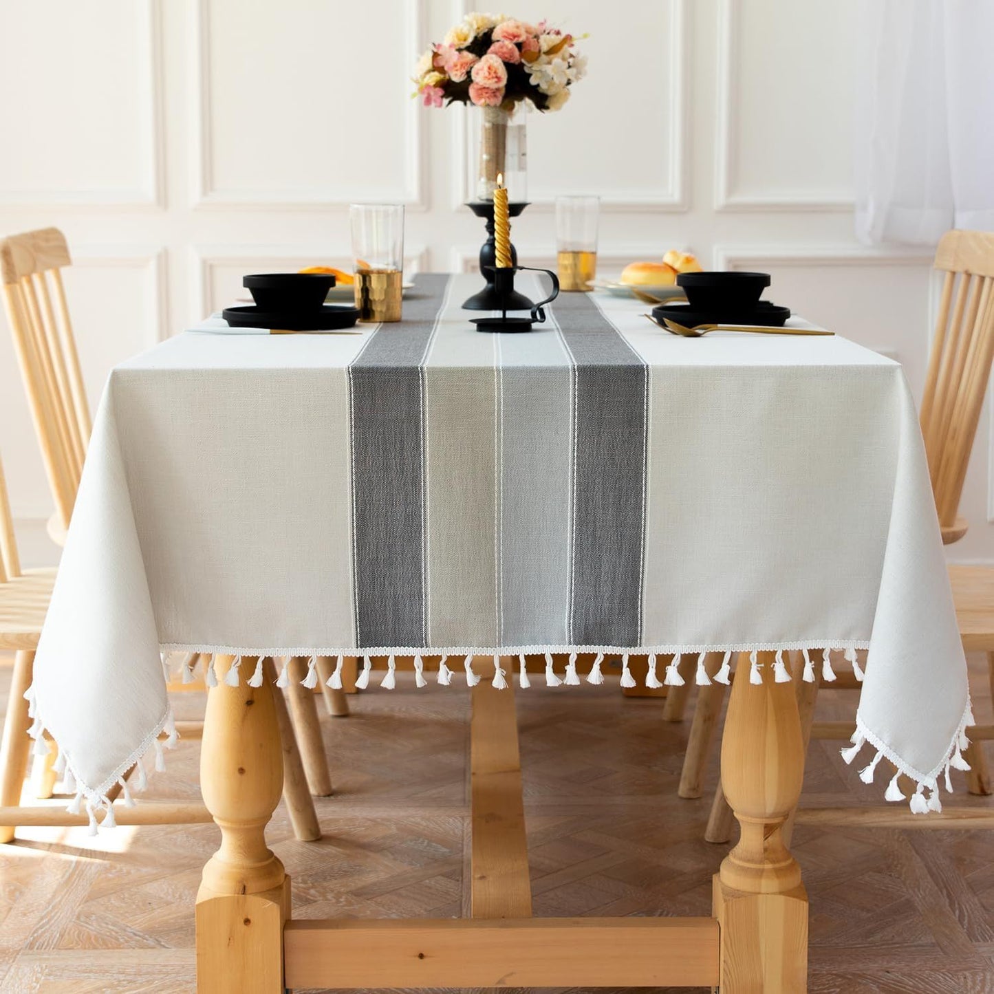 Tablecloths for Rectangle Tables, Cotton Linen Table Cloth Waterproof Tablecloth Wrinkle Free Farmhouse Dining Tables Cover, Soft Fabric Table Cloths with Tassels, Striped gray 90*140cm