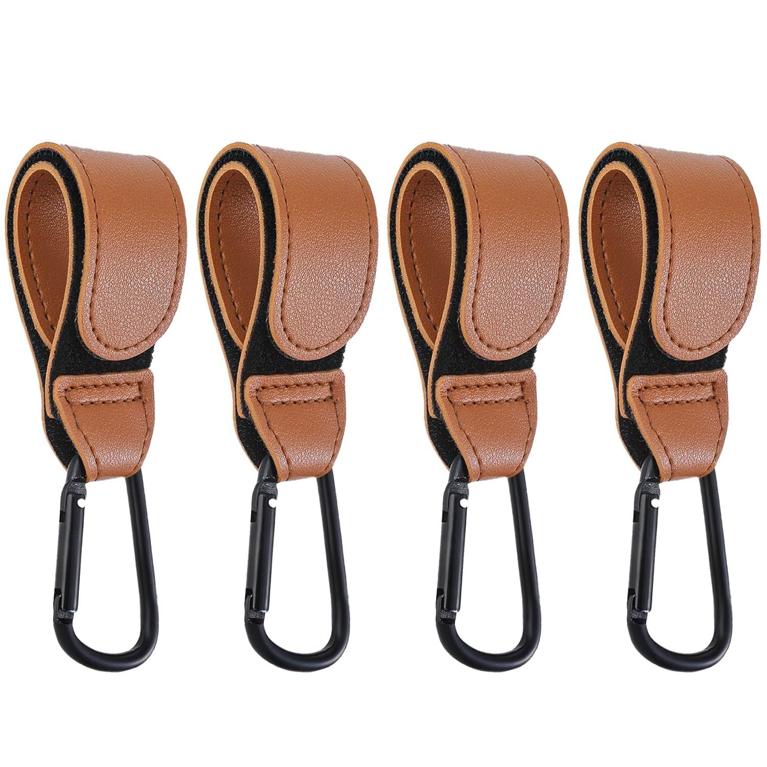 Baby Stroller Hooks Bag Hooks for Hanging Diaper Bags Multipurpose Hooks for Grocery Shopping Bags Premium Vegan Leather Pram Straps 4 Pcs (Brown)