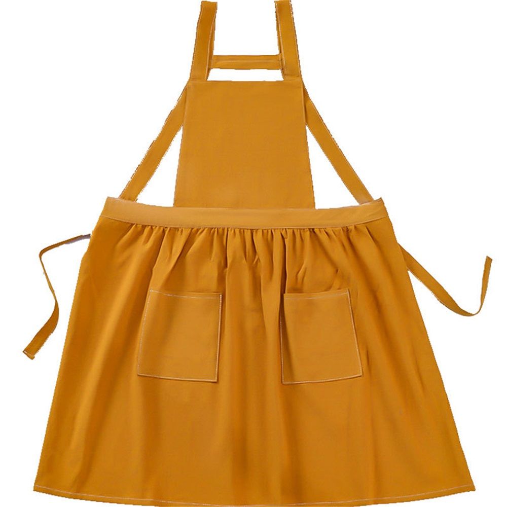 Women's cotton and linen apron with cooking and cleaning pockets, yellow, without waistband (ginger yellow)