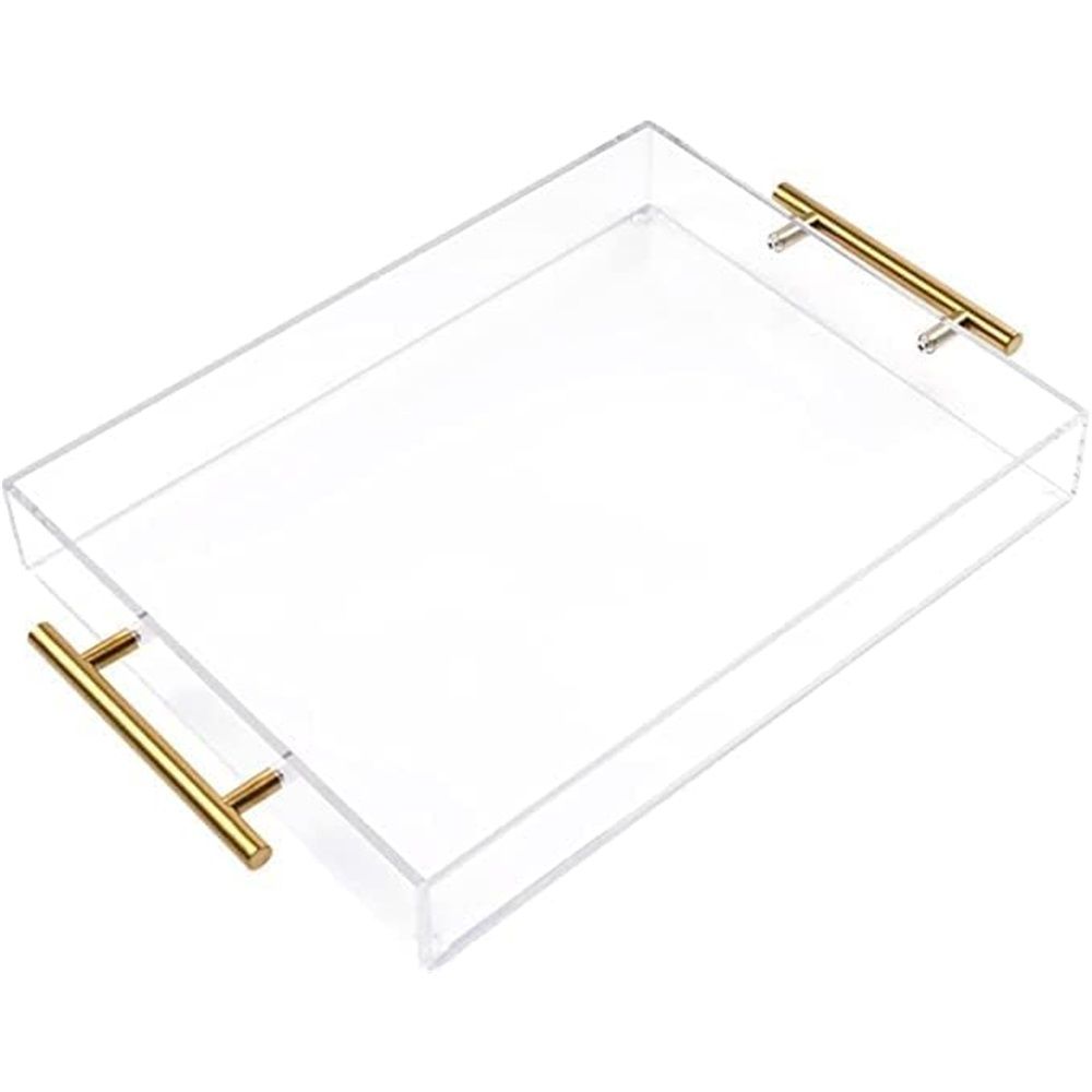 Clear Acrylic Serving Tray with Golden Handles, Sturdy Huge Capacity Acrylic Tray for Coffee, Juice, Kitchen and Desk Organizer, Storage Tray （Golden handle small size）