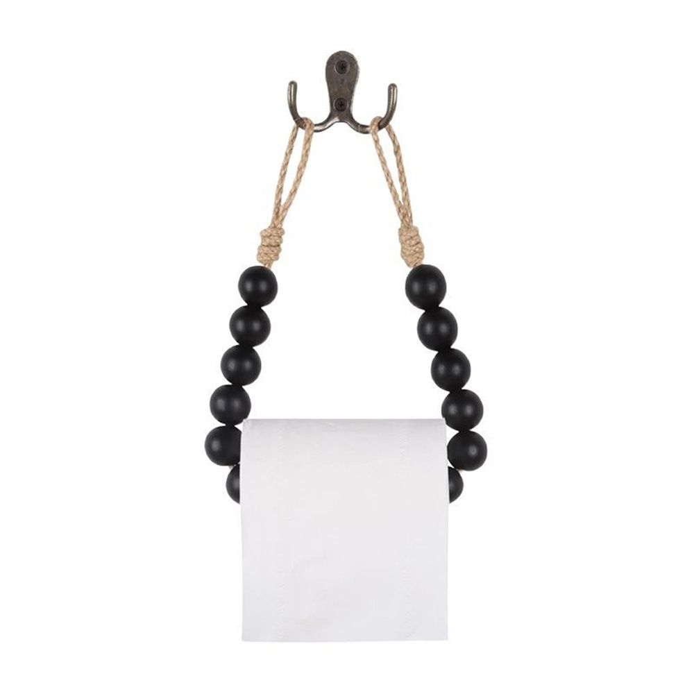 2pcs Natural Wood Bead Toilet Paper Holder Handmade Boho Rustic Farmhouse Wall Mounted Bathroom Kitchen Decor (Black)