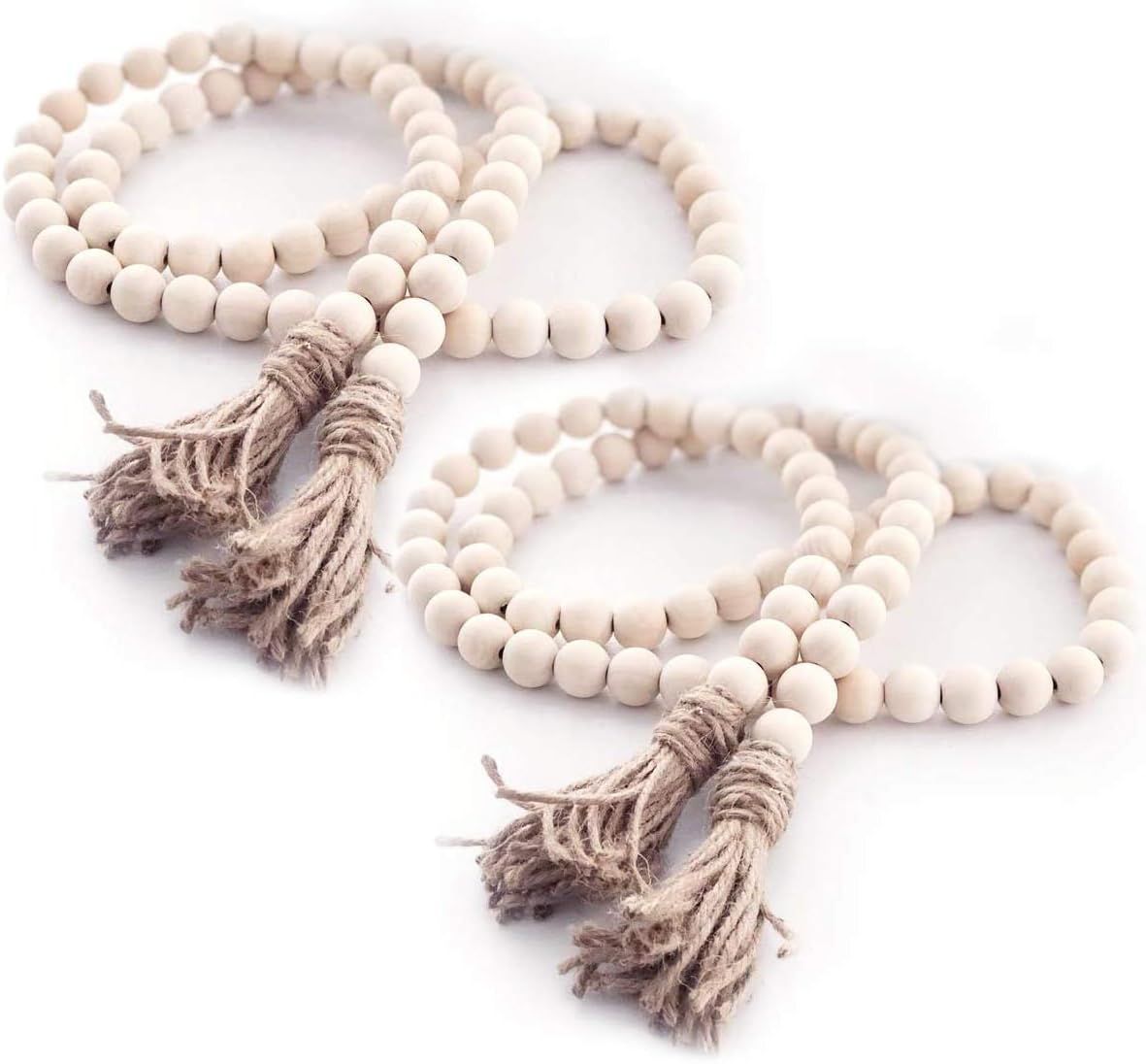 Farmhouse Beads Wood Bead Garland with Tassels Rustic Country Decor Boho Beads Big Wall Hanging Decor (2 Pack)