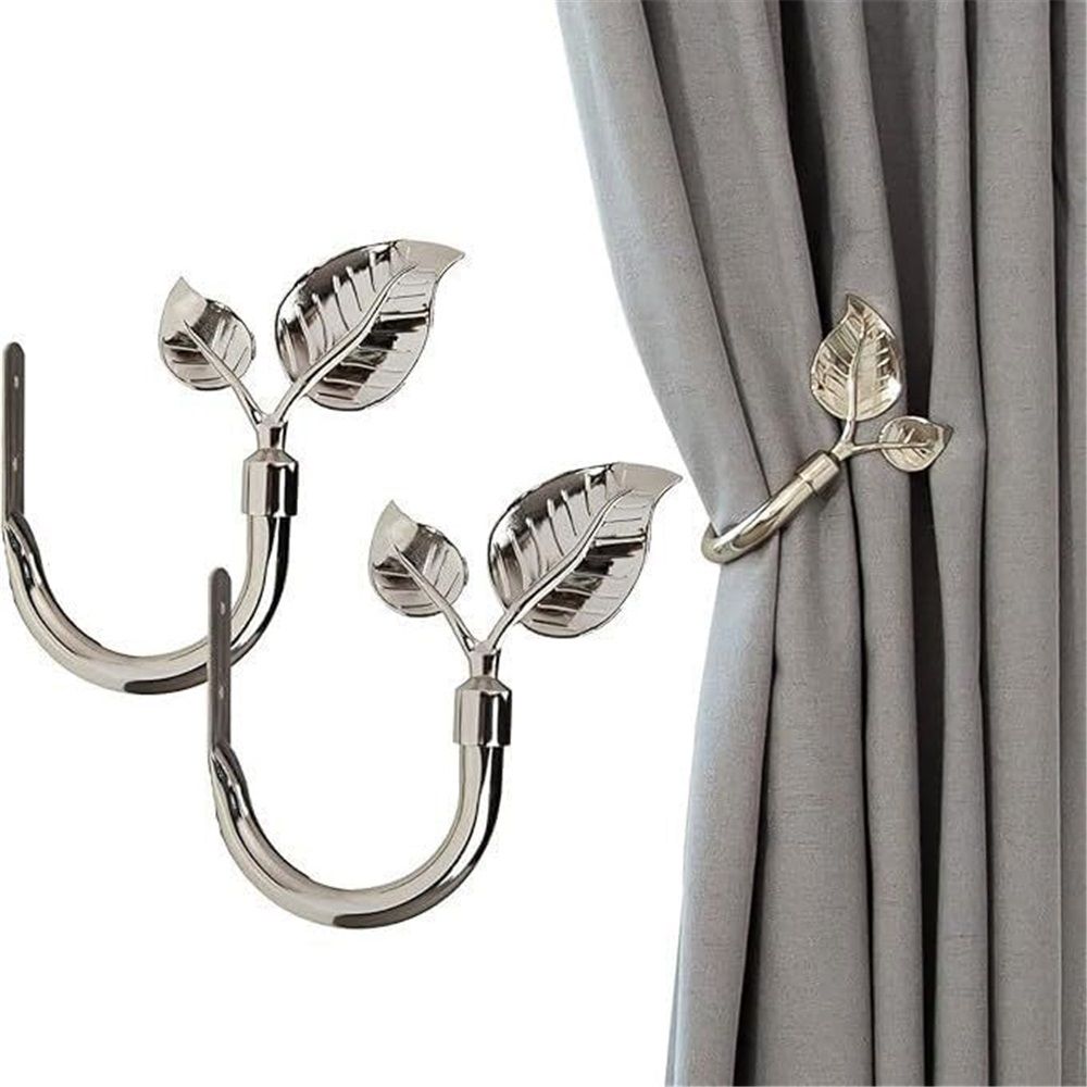 Leaf Shaped Curtain Holdbacks 2pcs, Handmade Metal Curtain Side Holders for Wall, Curtain Tieback Hook Pull Backs for Drapes Window Home Decoration（Bright nickel）