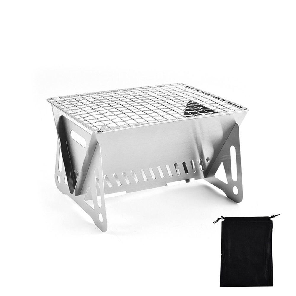 Portable Backpacking Stove with Grill Grid, Folding Stainless Steel Charcoal Grill, Ultralight BBQ Wood Burning Camp Stove for Hiking Picnic Garden Backyard Cooking（small size）