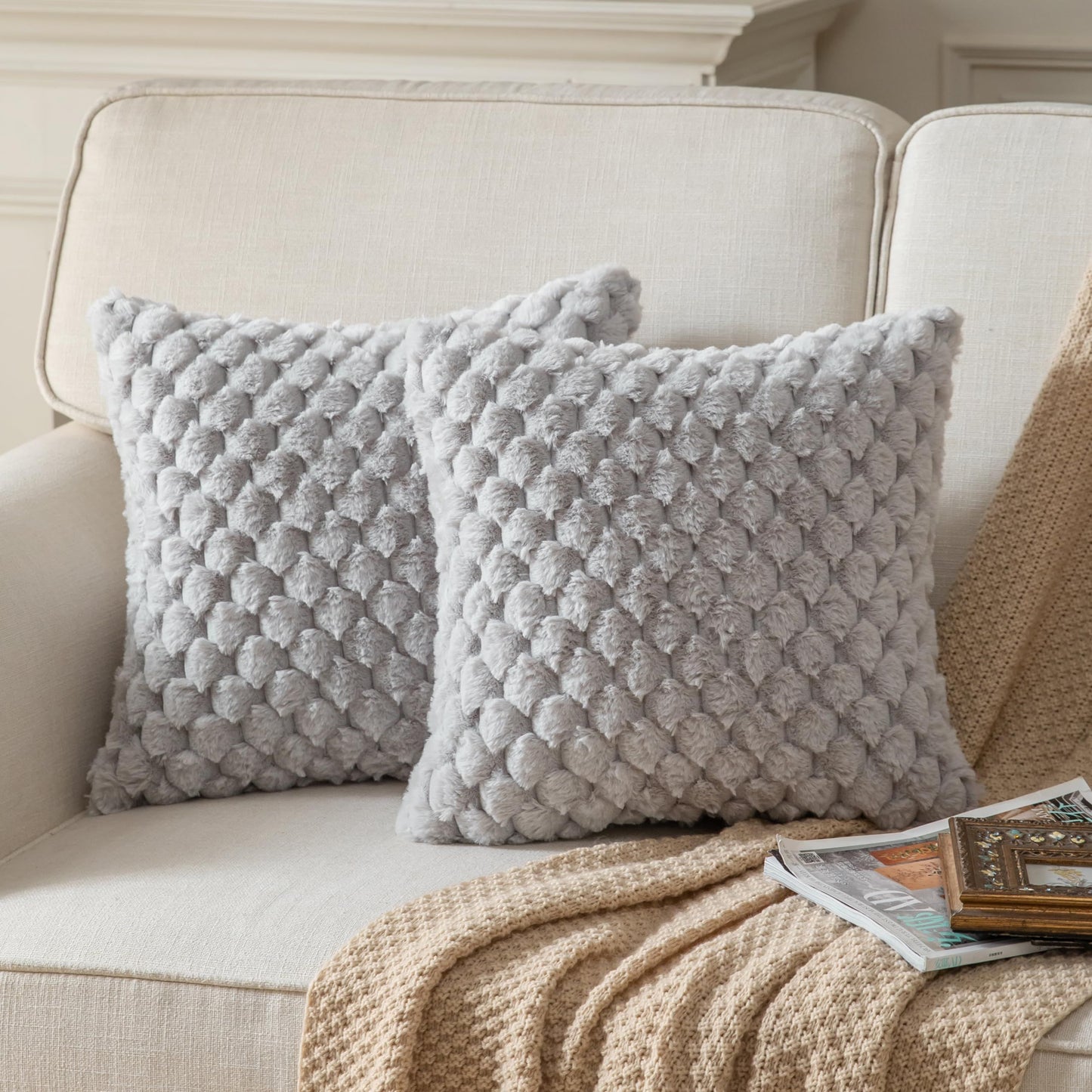 Pack of 2 Super Soft Cozy Decorative Throw Pillow Covers Fuzzy PlushCushion Cover Pillowcase for Sofa Couch Bed Livingroom 18x18 Inch Grey