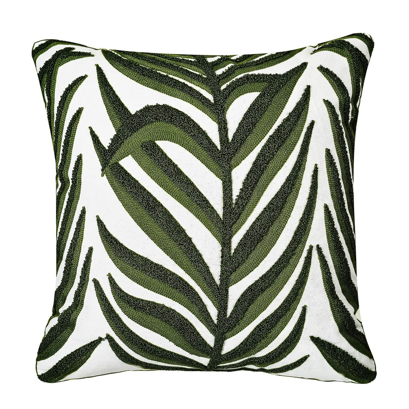 Farmhouse Floral Leaves Embroidered Decorative Throw Pillow Cover 18x18 inches, Boho Tufted Flowers Pattern Chic Cotton Cushion Case for Couch Bed Sofa Living Room（Green Palm Leaves）