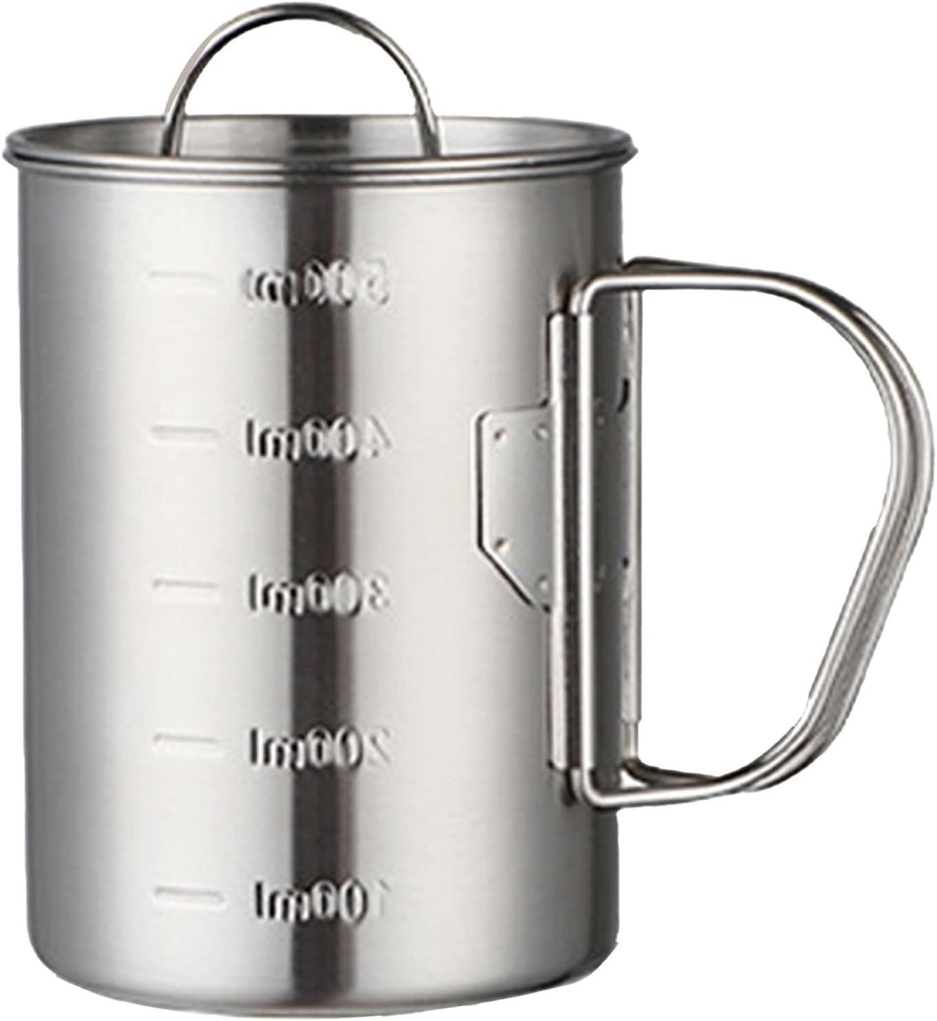 Stainless Steel Camping Cup, 500ml Fireproof Metal Cup with Lid and Foldable Handle, High Temperature Direct Heating, Great for Backpacking