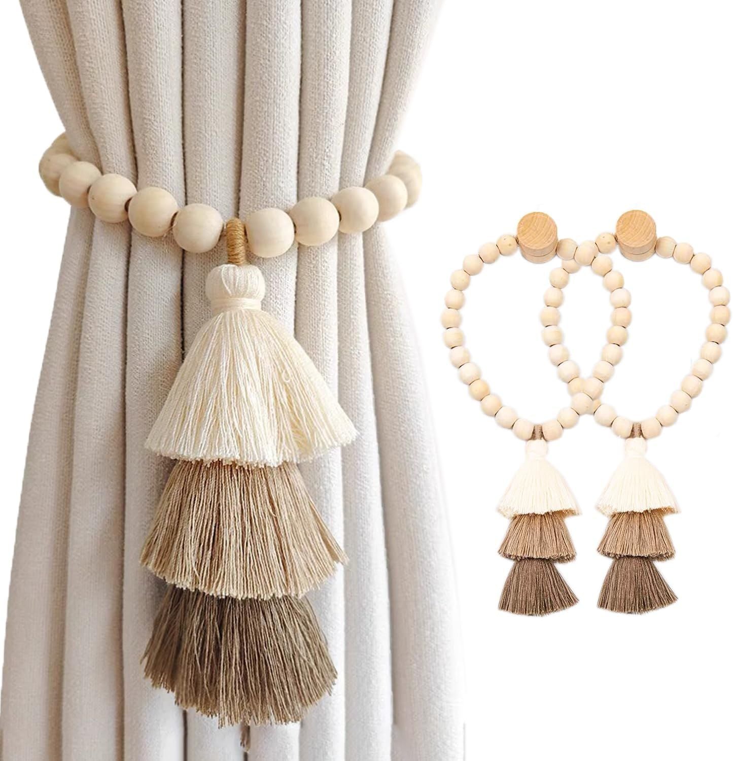 Magnetic Wooden Bead Curtain Tiebacks 2 PCS | Simple Elegant Magnetic Tassel Curtain Tie Backs | Accessories Wall Decoration | Drapery Tiebacks for Bedroom Window Treatment Camel color (tassel)