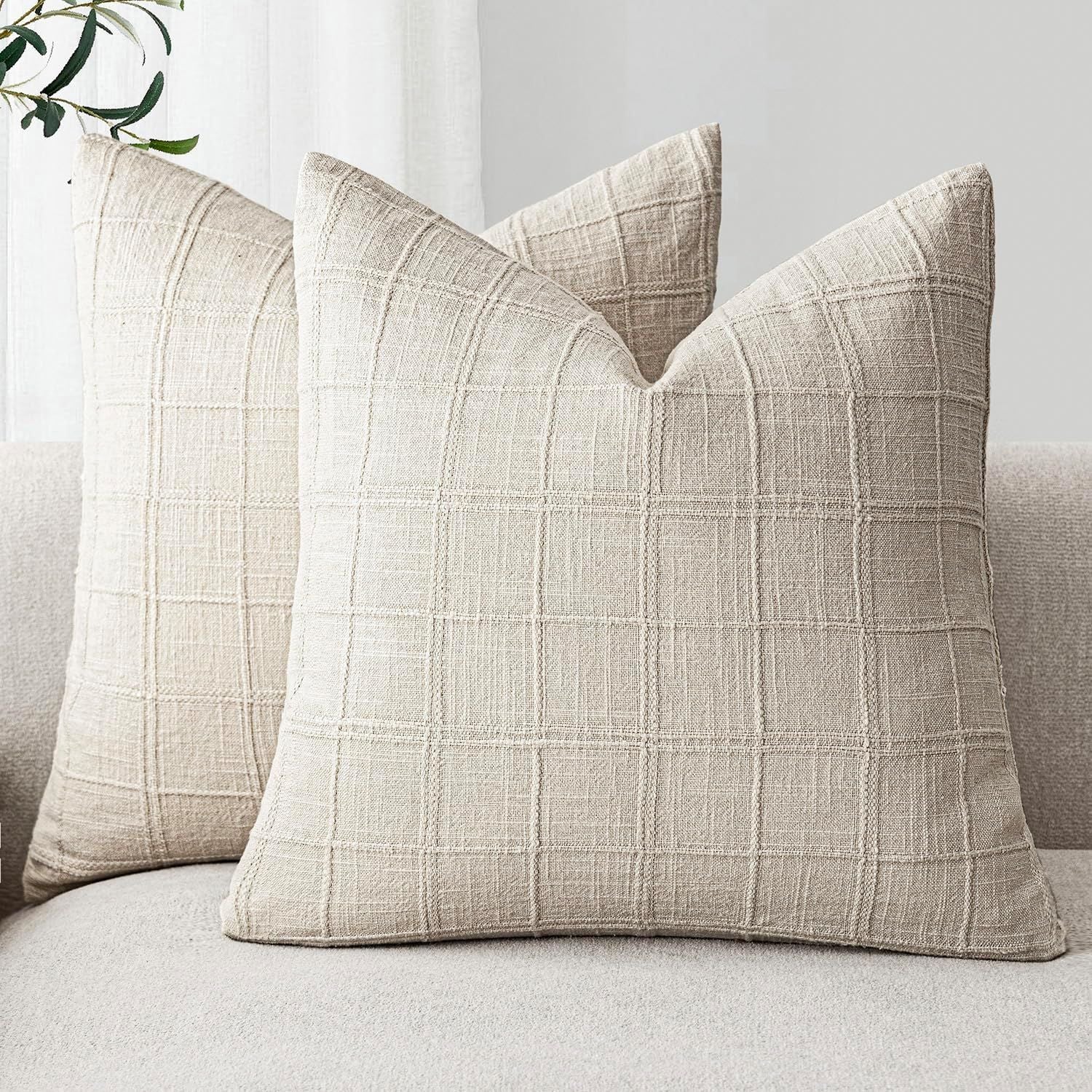 Set of 2 Decorative Linen Check Throw Pillow Covers Neutral Farmhouse Vintage Cushion Covers Modern Boho Home Decor for Sofa Chair Couch Bedroom Living Room,18×18 Inch,Beige
