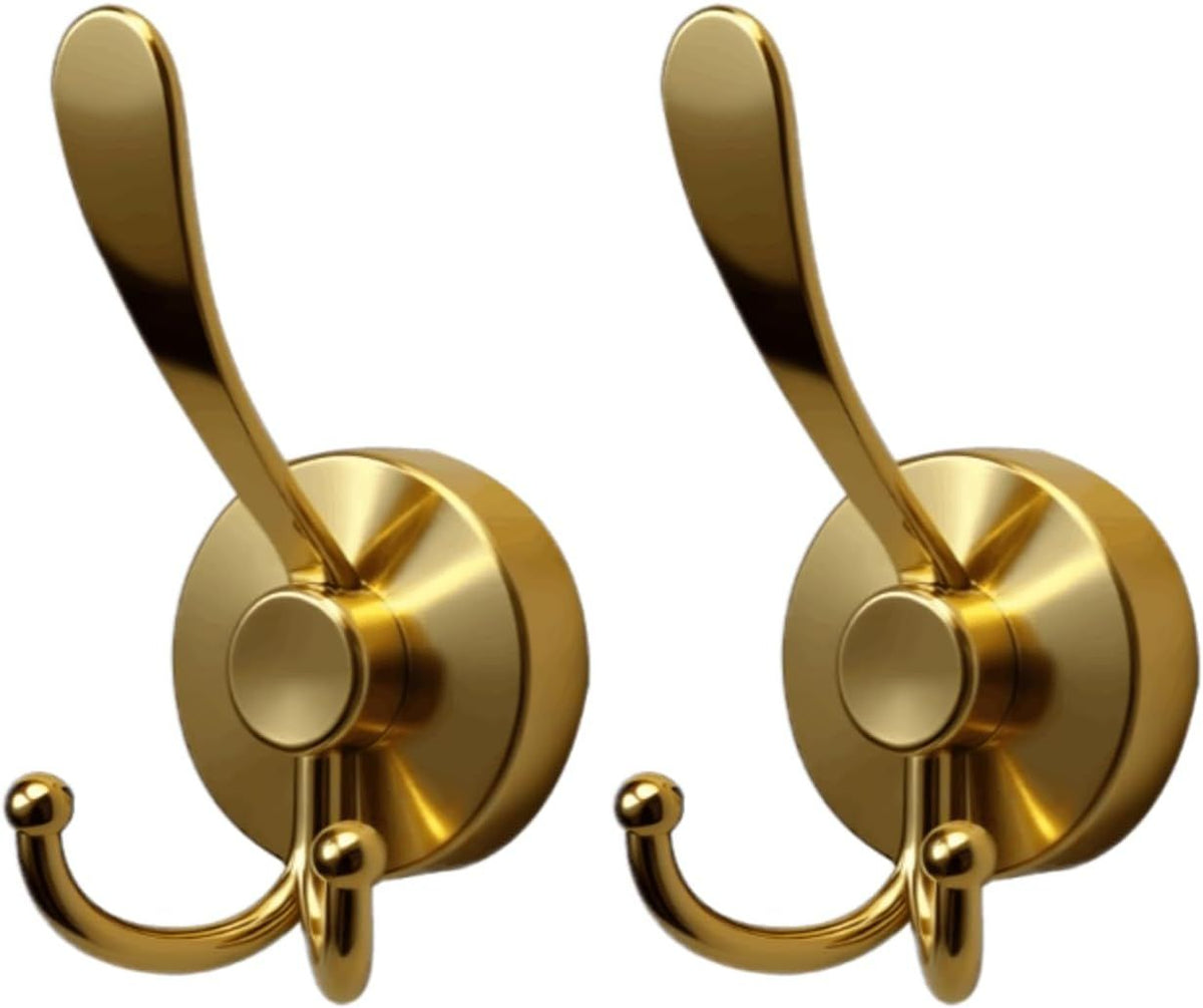 2pcs Cup Hooks for Shower,Bathroom - Heavy Duty, Removable,Waterproof, No Drill Holds Towels, Robes, Wreath on Glass, Tile, Mirror, Door（Golden）double-headed