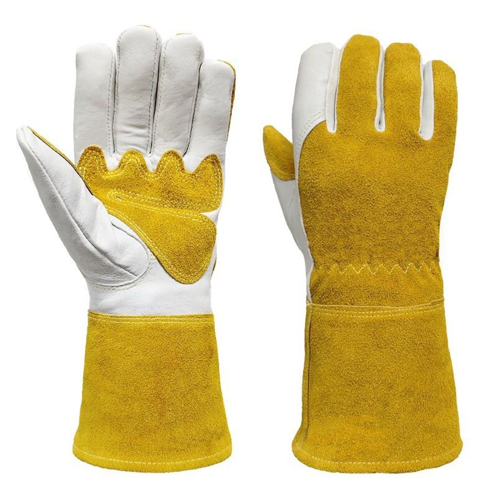 Sheepskin labor protection argon arc welding gloves, heat-insulating and heat-resistant welding gloves, high temperature resistant welding gloves, gloves used on construction sites（White+Yellow M）