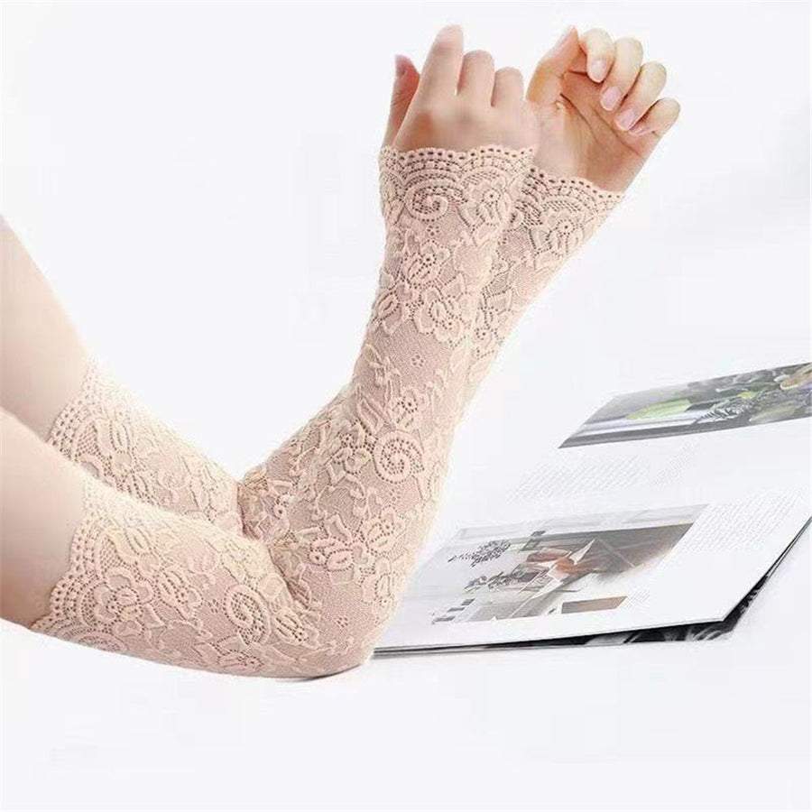 two pairs UV Protection Lace Arm Sleeves, Women's Floral Lace Sleeves Hollow Out Long Sunscreen Gloves Fingerless Driving Gloves（skin color）