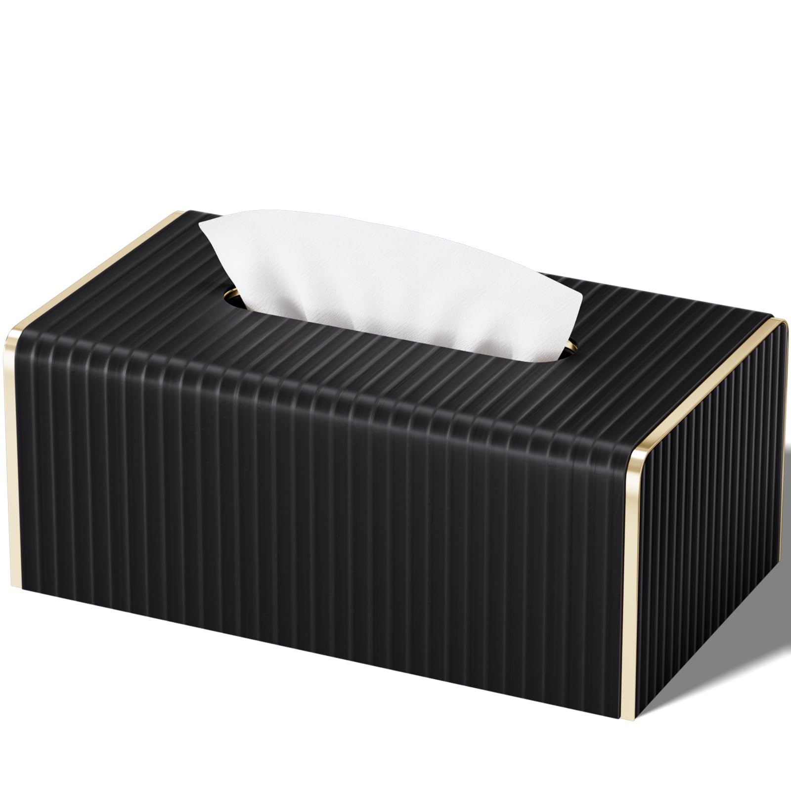 Tissue Box Cover,Black Rectangle PU Leather Tissue Holder with Gold-Tone Edging Accents,Tissue Box Cover for Bathroom Toilet Bedroom Living Room Office,Countertop