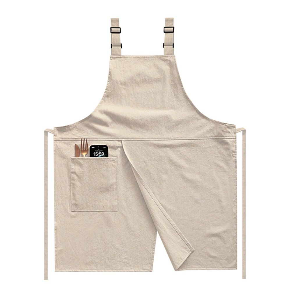 Cotton and linen double shoulder apron, suitable for home kitchen, catering, baking, workwear, cover with pockets, suitable for both men and women (beige)