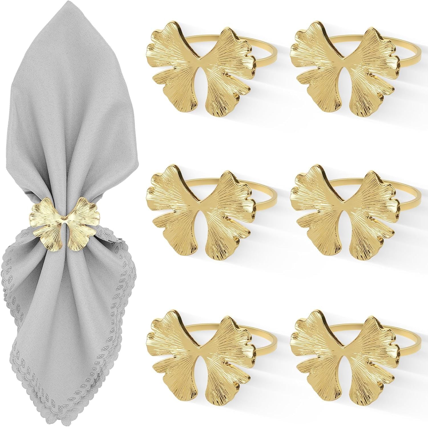 Fall Napkin Rings Set of 6, Ginkgo Leaf Bow Napkins Holders Rings for Holiday Party Dinner Wedding Banquet Dinning Table Settings - Gold