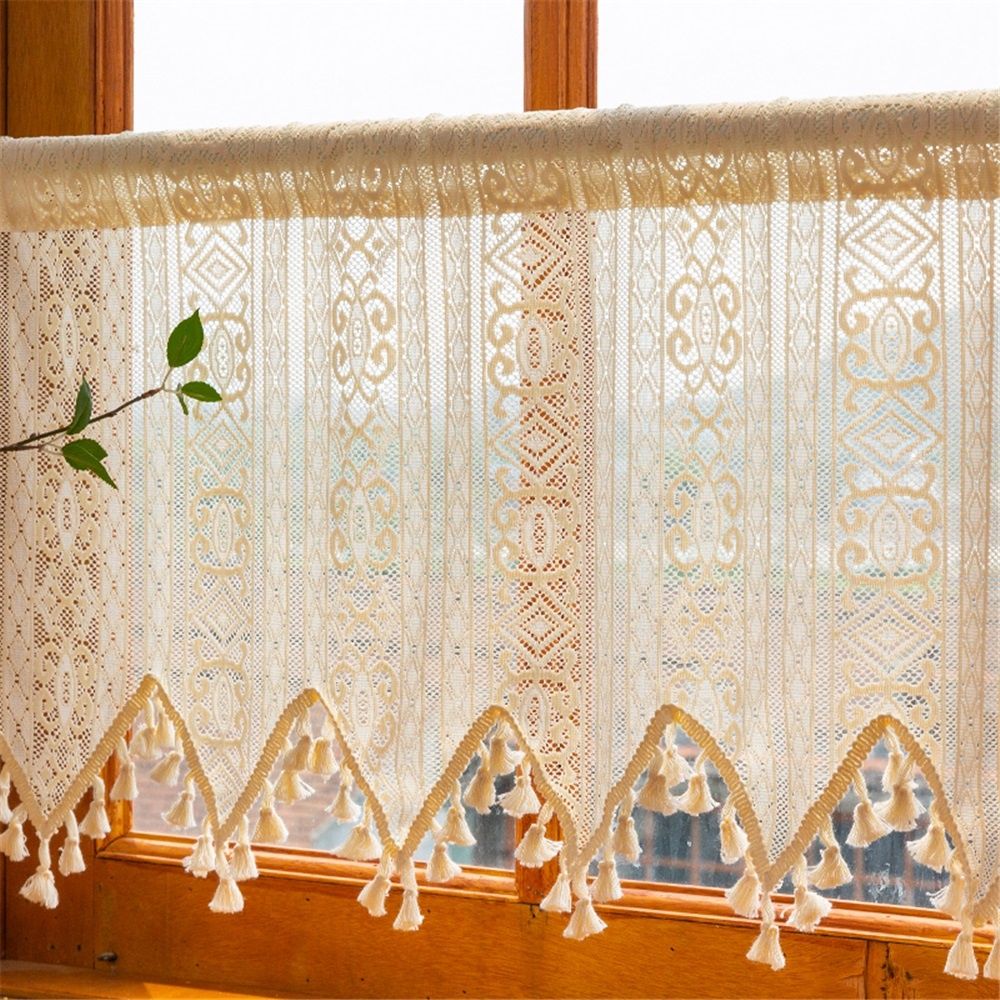 Bohemian crochet lace window decoration kitchen transparent strip tassel retro farmhouse beige country crochet coffee shop curtain 1 piece (beige, 132 * 45cm)