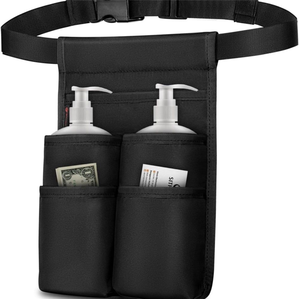 Massage Bottle Bag, Professional Massage Therapist Holster for 2 Bottles, Lotion Oil Waist Holder Organizer with Adjustable Belt, Multiple Pockets (Bag Only) (Black)