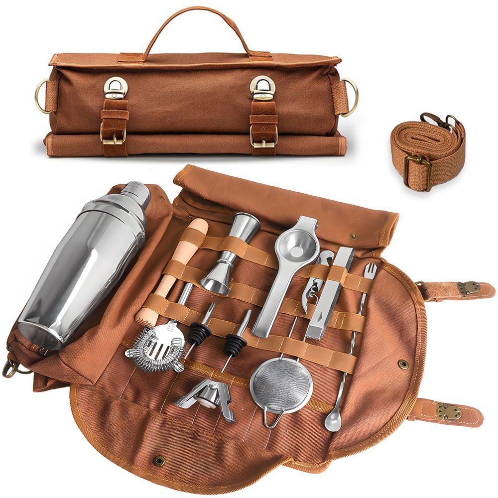 Bartender Bag (Without Tools) - Stylish, Canvas, Roll Up Traveling Bar Bag for Carrying Bar Tools and Cocktail Shaker Set with Shoulder Strap - Portable Travel Bartending