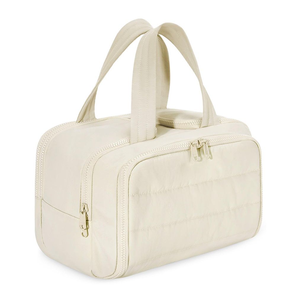 Travel Toiletry Bag for Women, Large Wide-open Puffy Cosmetic Makeup Bag with Wet-Dry Separation, Multi-Pocket Organizer with Carry Handle for Toiletries, Cosmetics, Essentials, Beige