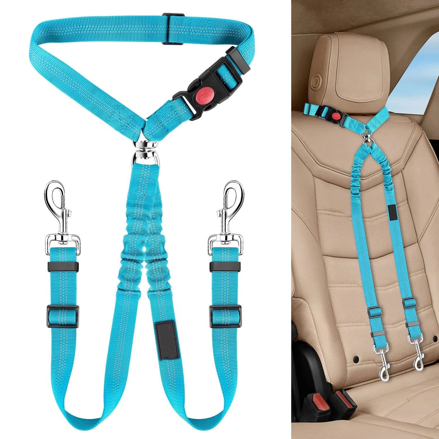 2 pack Double Dog Seat Belt, New Dual Pet Car Headrest Restraint Safety Seatbelt No Tangle Dog Leash Duty Adjust Elastic Bungee Puppy Lead Splitter Connect Harness in Vehicle Travel for 2 Dogs